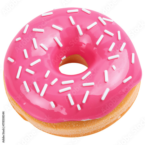 Bright Pink Donut With White Sprinkles Sitting on a Clean Surface in a Well-L...
