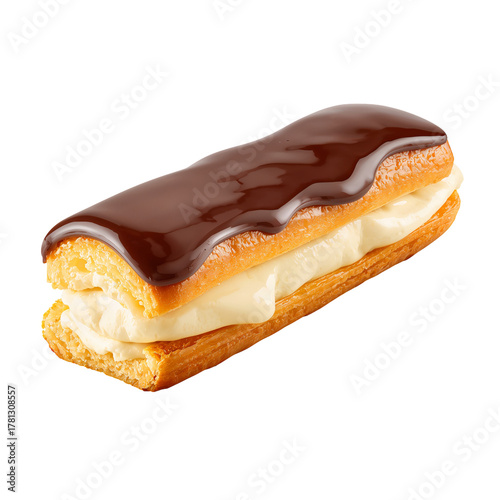 Delicious Chocolate Eclair With a Smooth Glaze and Creamy Filling on a Clean ...