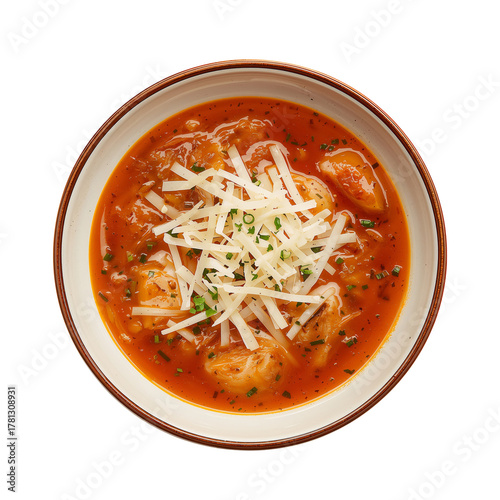 Delicious Bowl of Tomato Soup With Gnocchi and Parmesan Cheese Served Hot for...