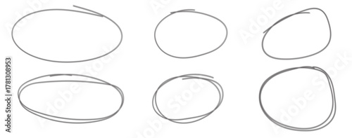 Hand-drawn scribble oval highlights set with sketch circle frames and marker loops, isolated on transparent background