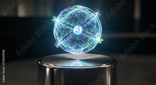Dynamic glowing AI orb represents future technology and innovation, symbolizing intelligence and digital evolution with vibrant energy pathways.