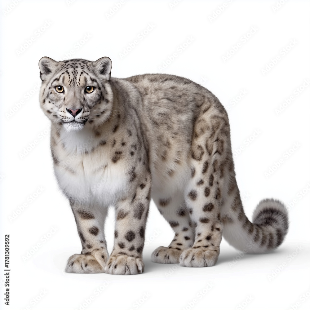 Fototapeta premium Snow leopard standing with intense gaze.