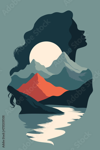 Surreal double exposure illustration of a woman’s silhouette blending with mountains, moon, and water reflection, symbolizing nature, harmony, and inner peace.