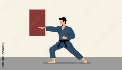 A martial artist practices kata in a dojo focusing on precision and fluidity of movements in a quiet disciplined environment.