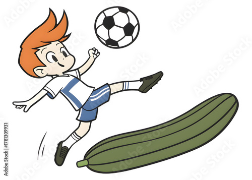 Cartoon boy kicking a soccer ball with a zucchini isolated on transparent background