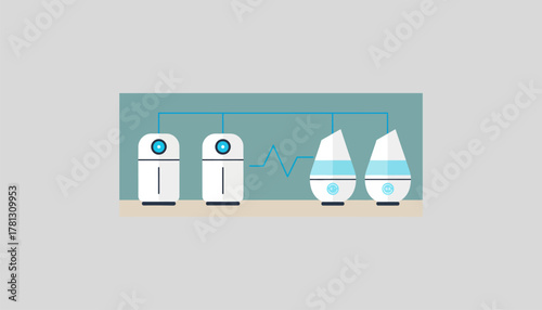 A home wellness area with smart air purifiers and humidifiers that adjust based on air quality readings.