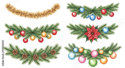 Christmas garland and festive decorations isolated on transparent background