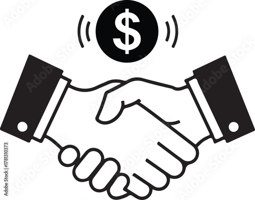 Business handshake icon with dollar coin above, symbolizing financial agreement and partnership in commerce.