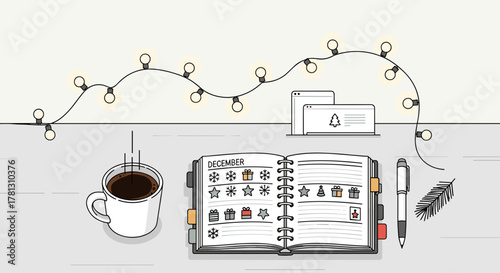 Cozy workspace with a planner for December, coffee cup, and fairy lights, holiday preparation ambiance, on light background