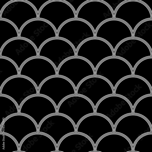 Fish scale wallpaper. Asian traditional ethnic ornament with repeated scallops. Repeated black figures on white background. Seamless surface pattern design with scales. Squama motif. Digital paper.