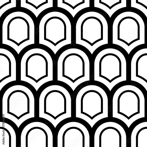 Japan traditional ethnic embroidery ornament with repeated scallops. Fish scale. Repeat scallop background. Seamless surface pattern design with scales. Ancient japanese sashiko uroko motif. Squama.