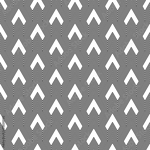 Angle brackets wallpaper. Repeated white chevrons on hatched background. Asian traditional ornament with repeated scallops. Scales motif. Seamless surface pattern design with triangular figures.