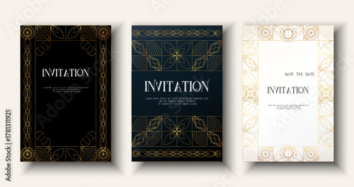 Luxury invitation, Elegant template, Card frame art deco flyer  card set in black, navy white background. Golden geometric gradient premium design for gala, grand opening, party invitation, layout.