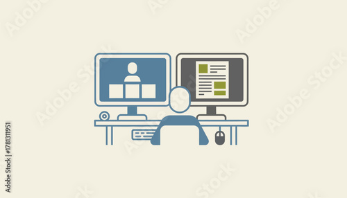 A remote interview setup featuring dual monitors one with the video call and the other displaying the candidates resume.