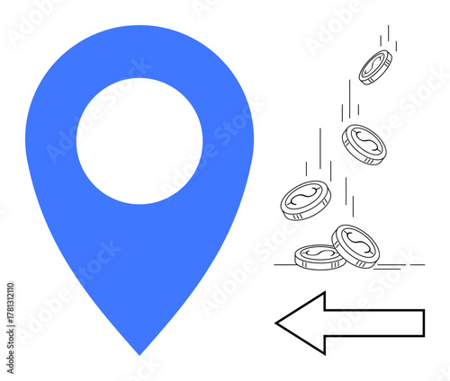 Blue location marker with coins dropping next to a directional arrow. Ideal for maps, finance, e-commerce, cash flow, investment, navigation, and banking concepts. Simple flat metaphor