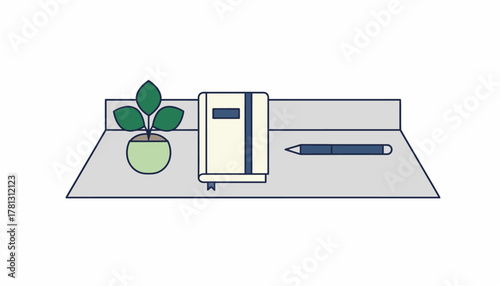 A minimalist desk setup featuring an elegant journal a single pen and a small potted plant emphasizing simplicity in journaling.