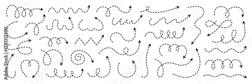 Squiggly dotted line arrows doodle set. Curve and spiral dash comic directions in sketch style. Hand drawn vector illustration isolated on white background