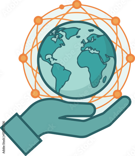 Hand cradles stylized globe connected by network of dots and lines, symbolizing global connectivity and communication.