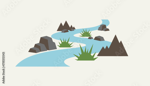 A flowing river with obstacles along the banks depicting the necessity of overcoming challenges during the pursuit of goals.