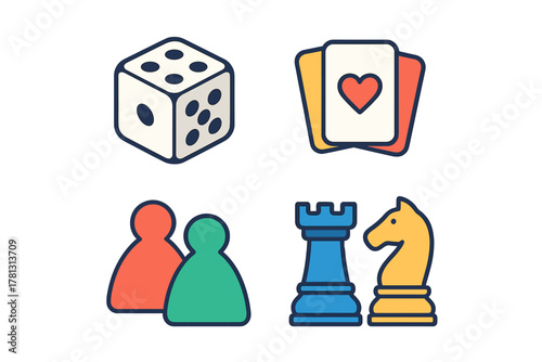 Colorful set of gaming components and board game elements including dice, cards, pawns, and chess pieces