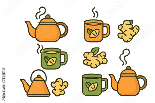 Steaming teapots, kettles, mugs, and fresh ginger root icons for hot beverage concepts