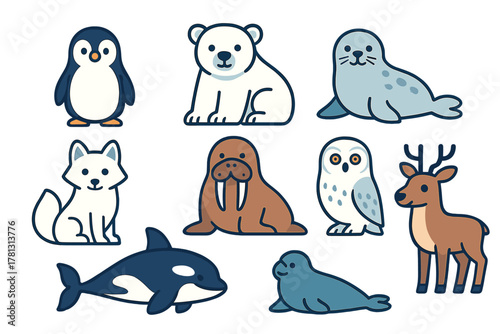 Cute cartoon set of Arctic and Antarctic animals: polar bear, penguin, walrus, and orca