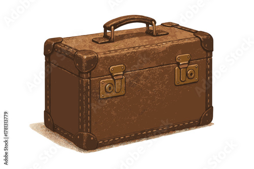 Vintage brown leather suitcase with brass hardware and handle isolated on white