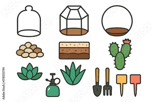 Elements set for building a terrarium including glass containers, soil, rocks, succulent plants, and gardening tools