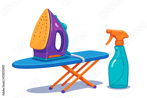 Colorful electric iron resting on a blue ironing board with a turquoise spray bottle