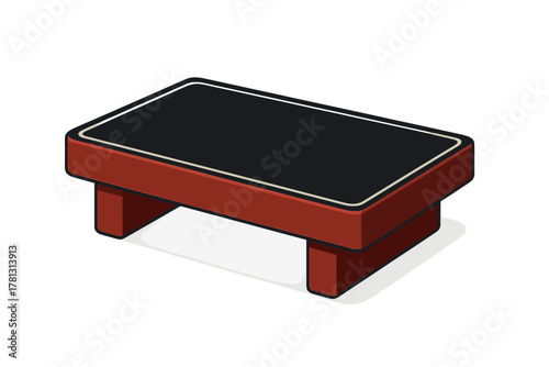 Traditional Japanese low table with dark top and red wooden frame in isometric view