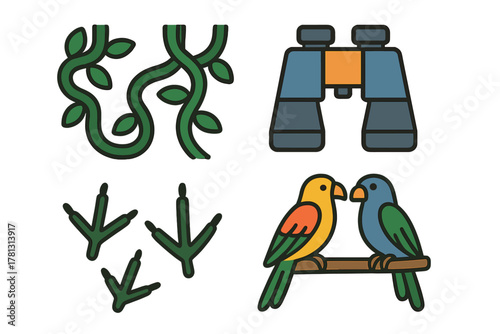 Tropical birdwatching elements featuring parrots, jungle vines, binoculars, and footprints for nature exploration