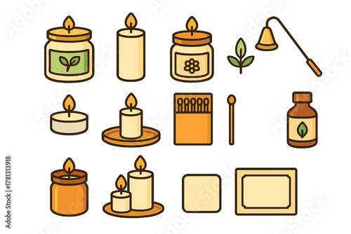 Spa and relaxation objects set featuring burning candles, scented jars, essential oil, matches, and candle snuffer