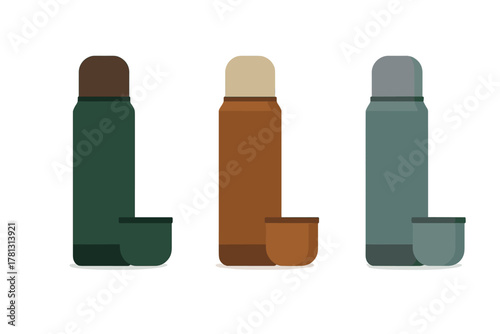 Three insulated thermos flasks with matching cups in various colors for travel