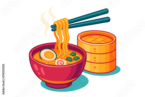 Steaming bowl of traditional Japanese ramen noodles with chopsticks lifting food