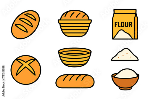 Collection of essential baking ingredients and fresh bread products in a simple line art style