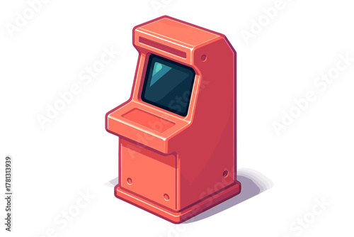 Classic red video game arcade machine cabinet in isometric perspective