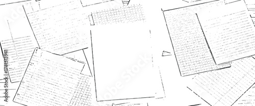 Scattered sheets of paper with lines and grids creating a chaotic yet organized monochrome pattern.