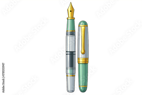Elegant writing instrument with gold nib and mint green barrel standing next to its cap
