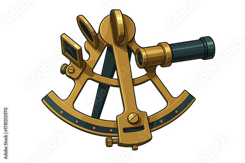 Historical brass sextant device for measuring angles and celestial navigation