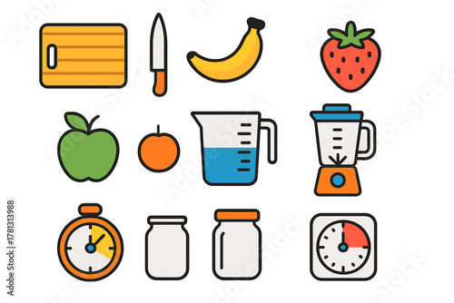 Collection of essential kitchen tools, cooking equipment, fresh fruits, and measuring devices