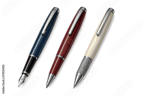 Three luxury writing instruments fountain pen ballpoint pen and rollerball isolated on white