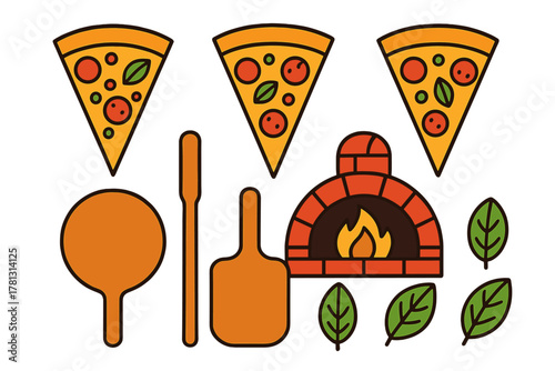 Traditional brick oven, pizza slices, wooden peels, and fresh basil leaves for Italian cooking
