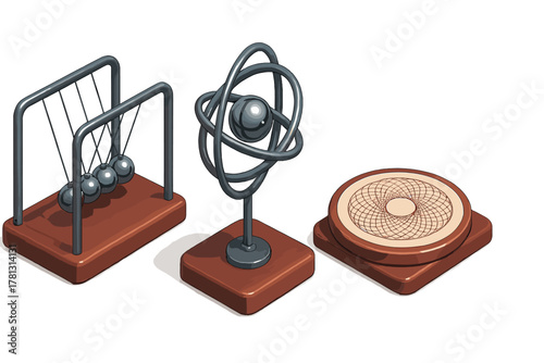 Classic scientific desk ornaments: Newton's cradle, atomic structure model, and geometric pattern display