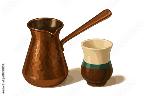 Traditional hammered copper cezve, Turkish coffee pot, and ceramic cup isolated on white