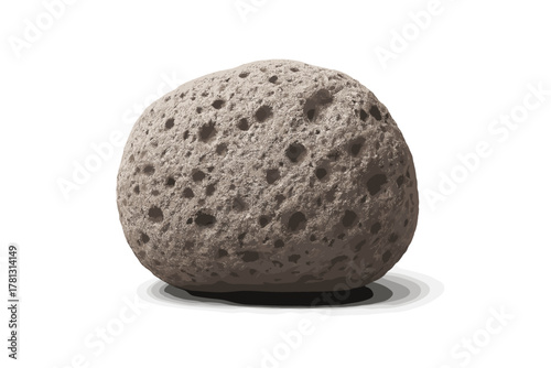 Textured gray volcanic rock isolated on a white background showing many surface pores and shadows