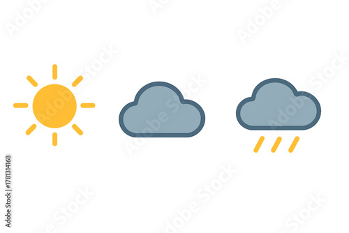 Basic weather symbols showing sunny, cloudy, and rainy conditions for forecast apps