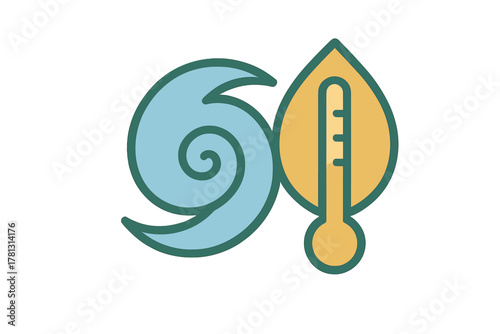 Conceptual graphic representing climate change with wind swirl and thermometer integrated into a natural leaf shape