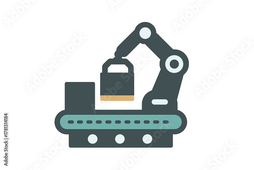 Modern factory automation system featuring a mechanical arm and assembly line machinery