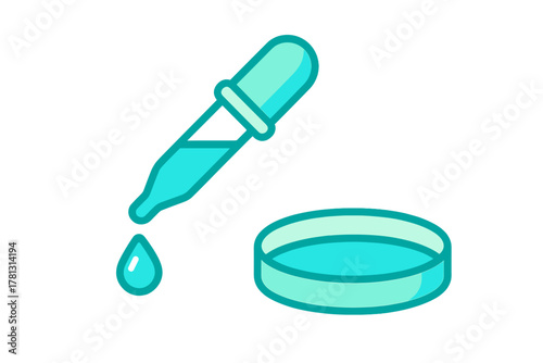 Pipette dropper dispensing a single drop of turquoise liquid into a laboratory petri dish