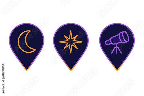 Astronomy and celestial navigation location markers with moon star and telescope symbols